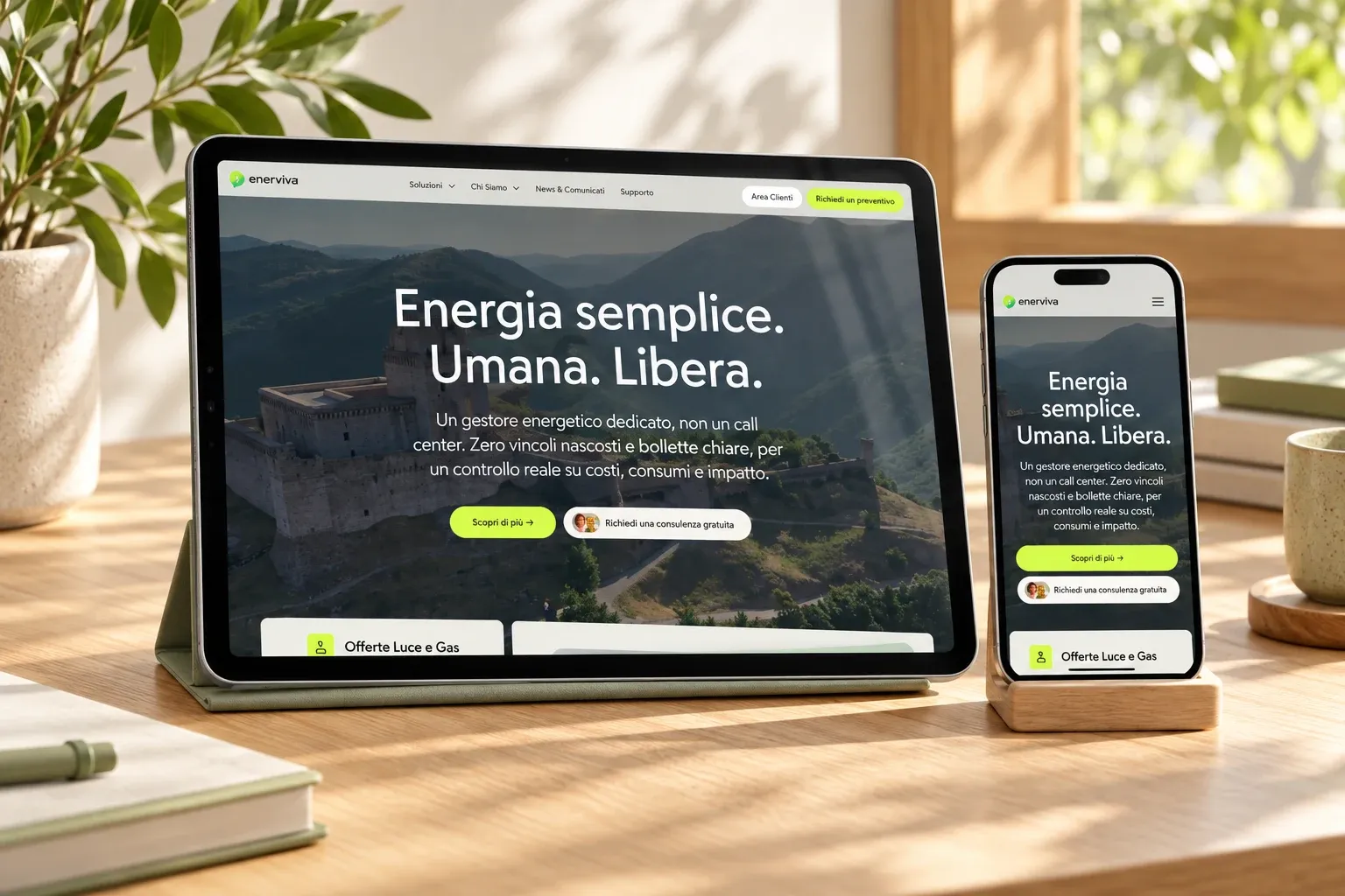 Enerviva website home page on an iPad and an iPhone