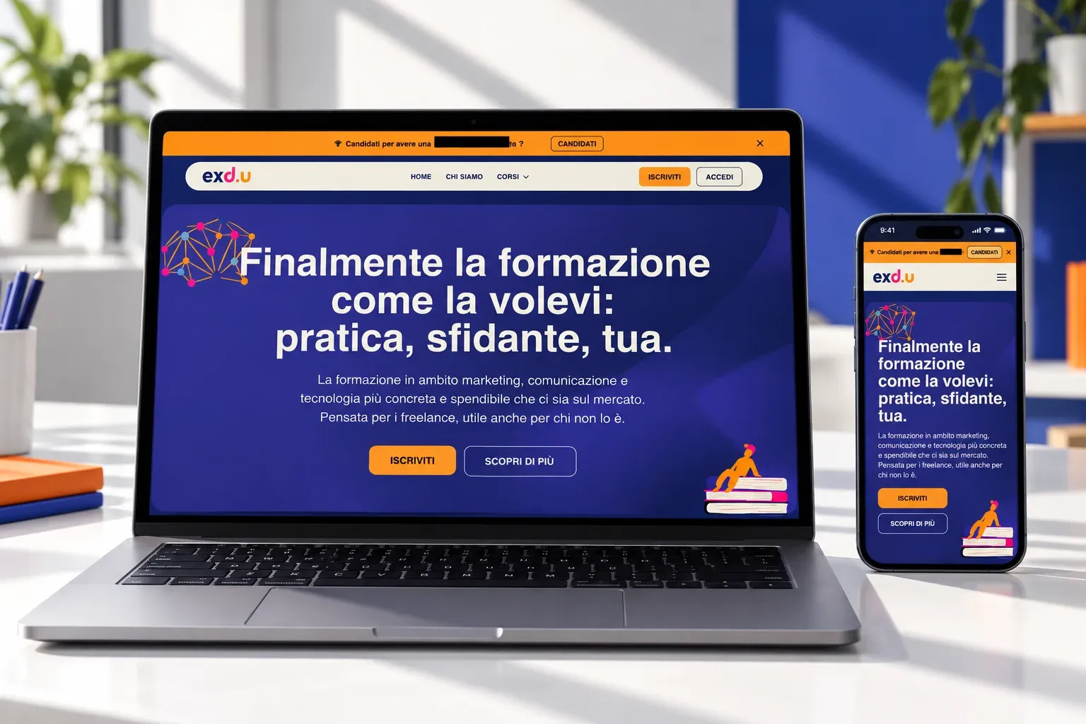 exd.u website home page on a MacBook Pro and an iPhone