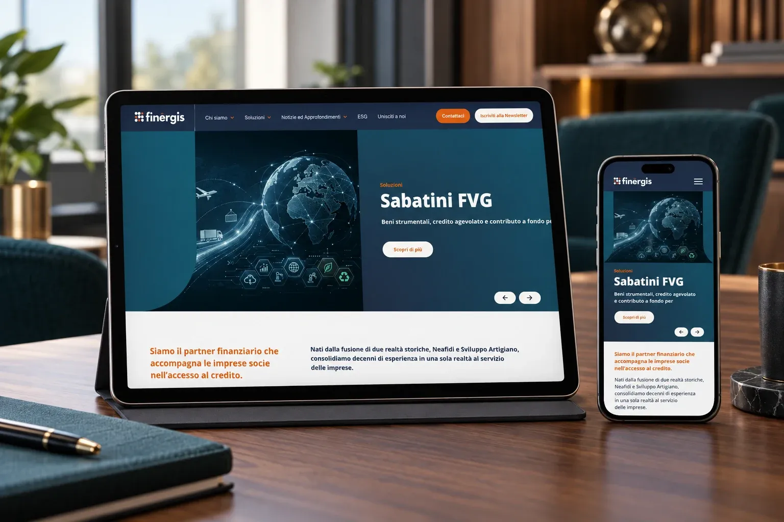 Finergis website home page on an iPad and an iPhone