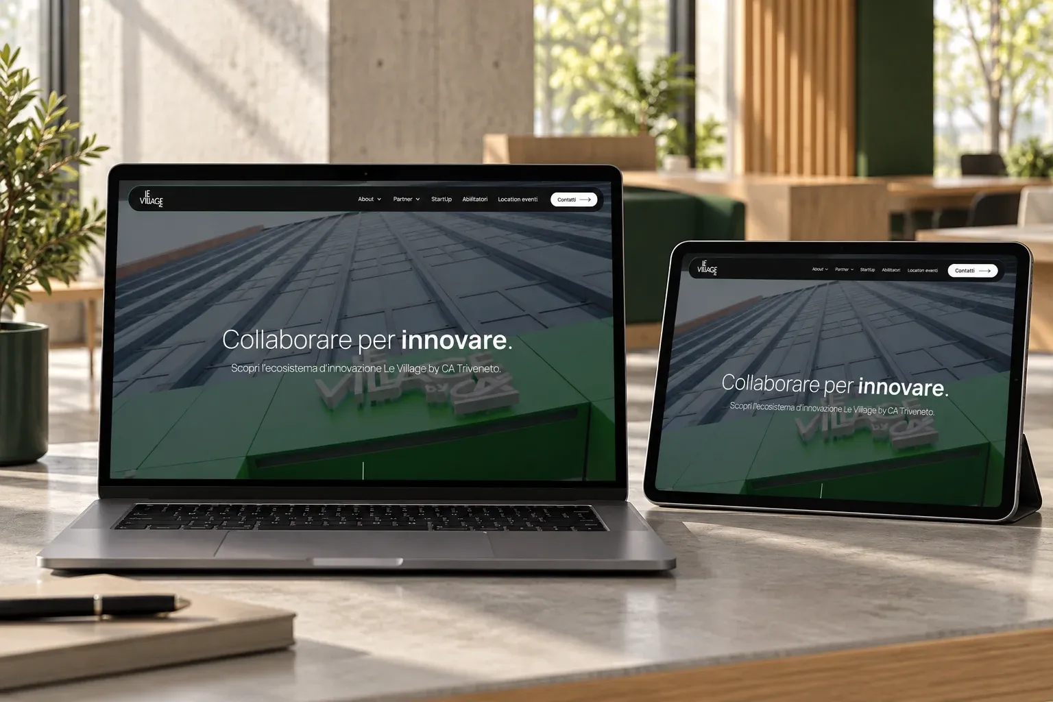 Le Village by CA Triveneto website home page on a MacBook Pro and an iPad