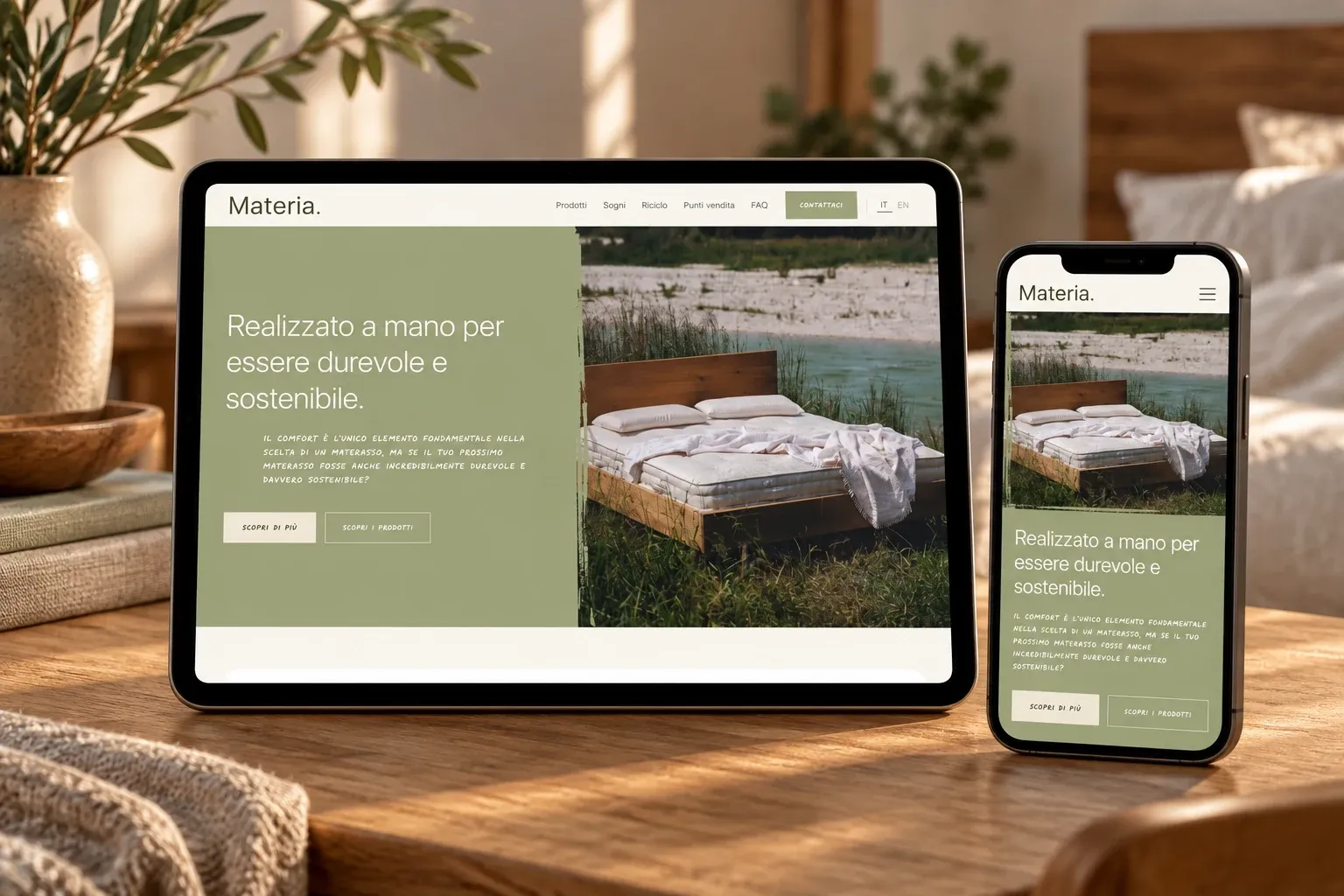 Materia by Brentaflex website home page on an iPad and an iPhone