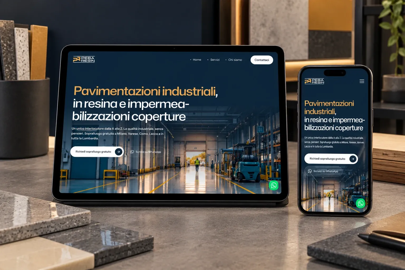 Peba Resin website home page on an iPad and an iPhone