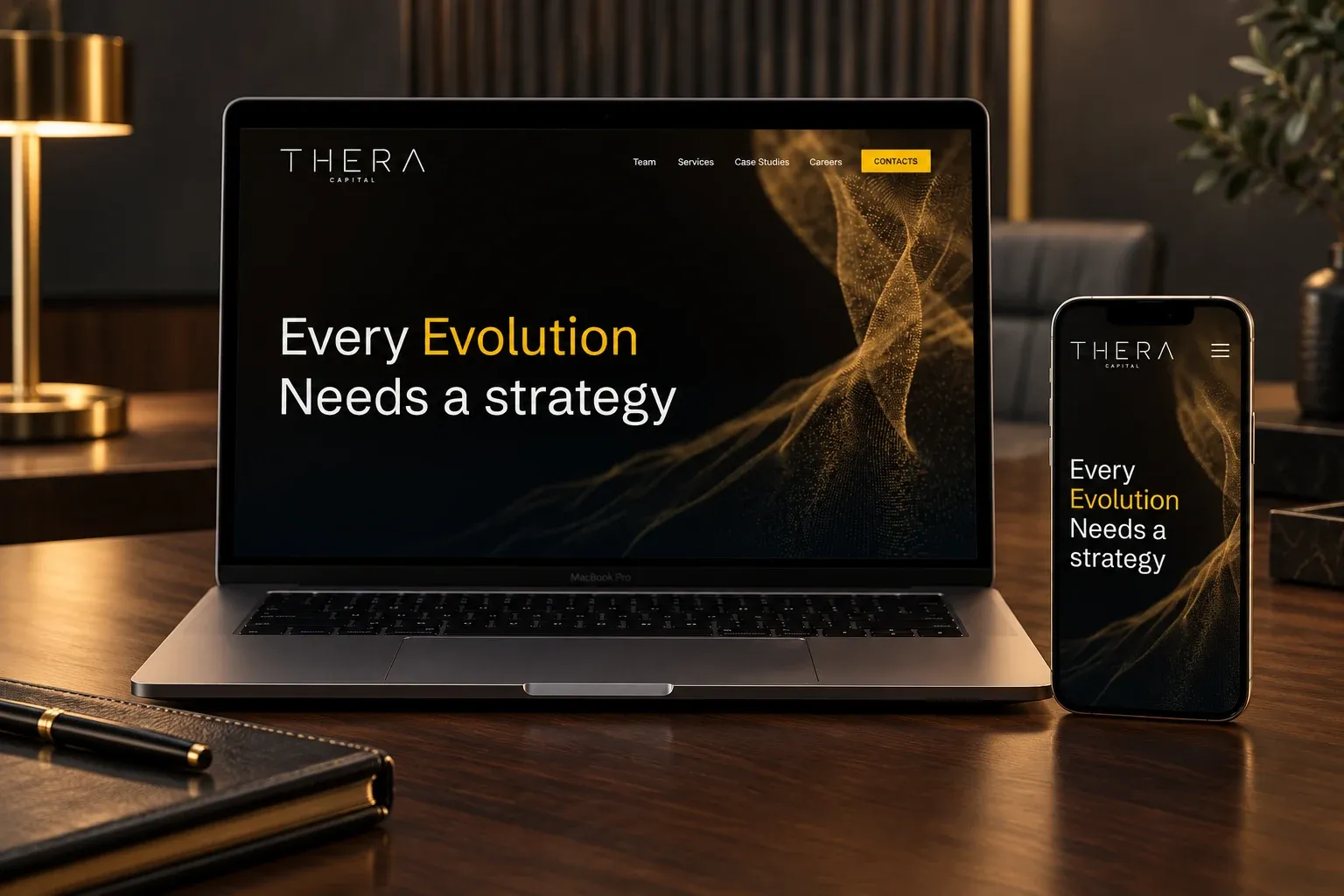 Thera Capital website home page on a MacBook Pro and an iPhone