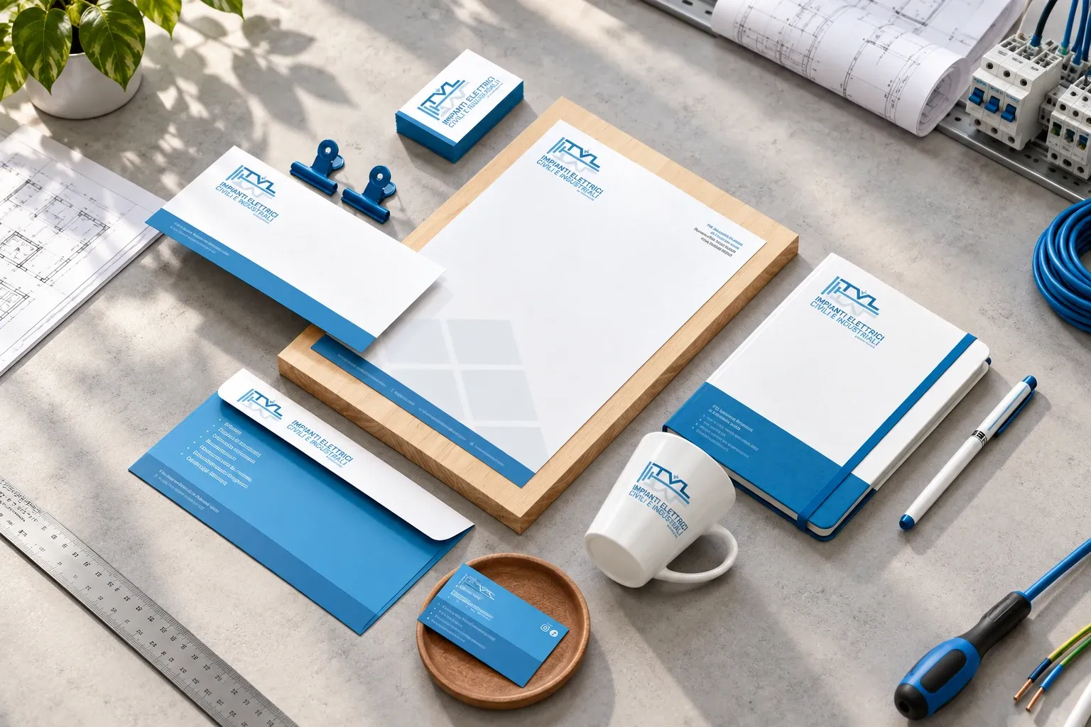 TVL visual identity on letterhead, business cards and matching stationery